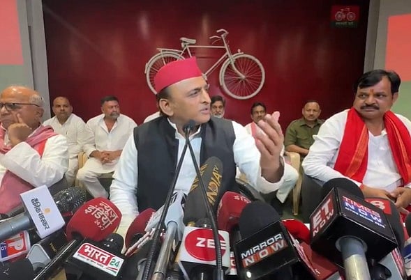 X/@samajwadiparty
 : Samajwadi Party chief Akhilesh Yadav addressing a PC on Wednesday, July 17